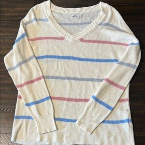 American Eagle Outfitters Cream and Blue V-Neck Sweater